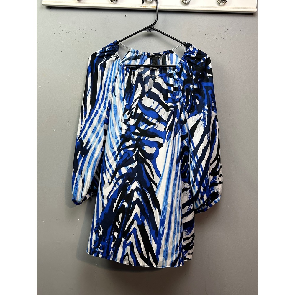 Chico's Black Label Blouse Women Size 2 Blue Zebra Print Chain Cold Shoulder